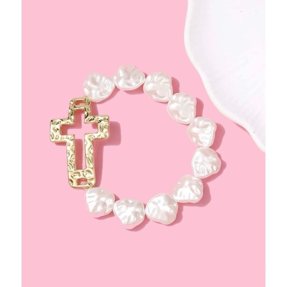 Ivory Pearl Gold Cross Stretch Bracelet